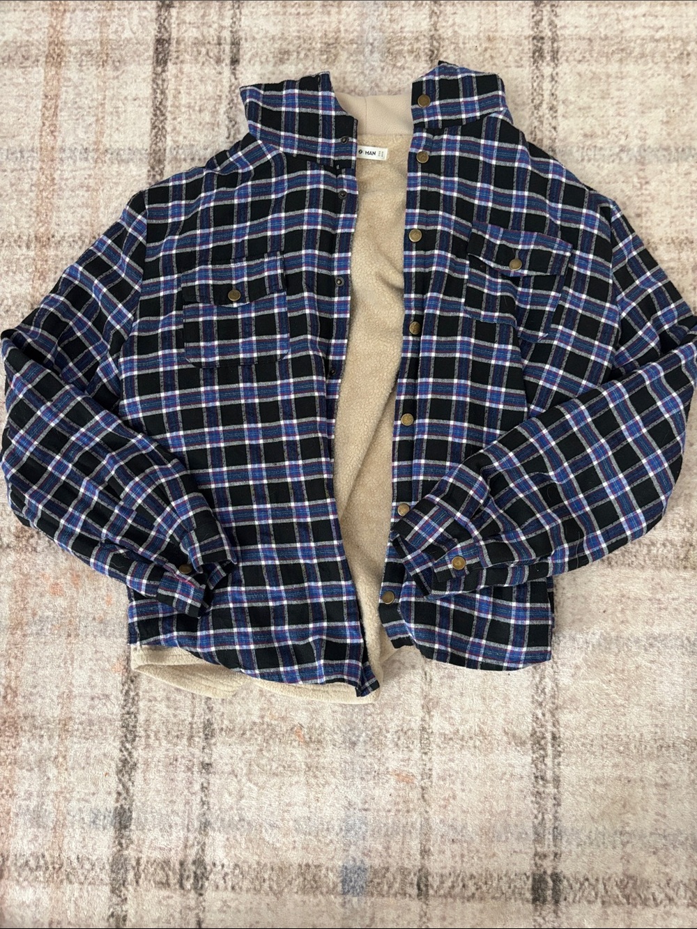 Plaid Snap-Front Sherpa-Lined Jacket - Blue/Black